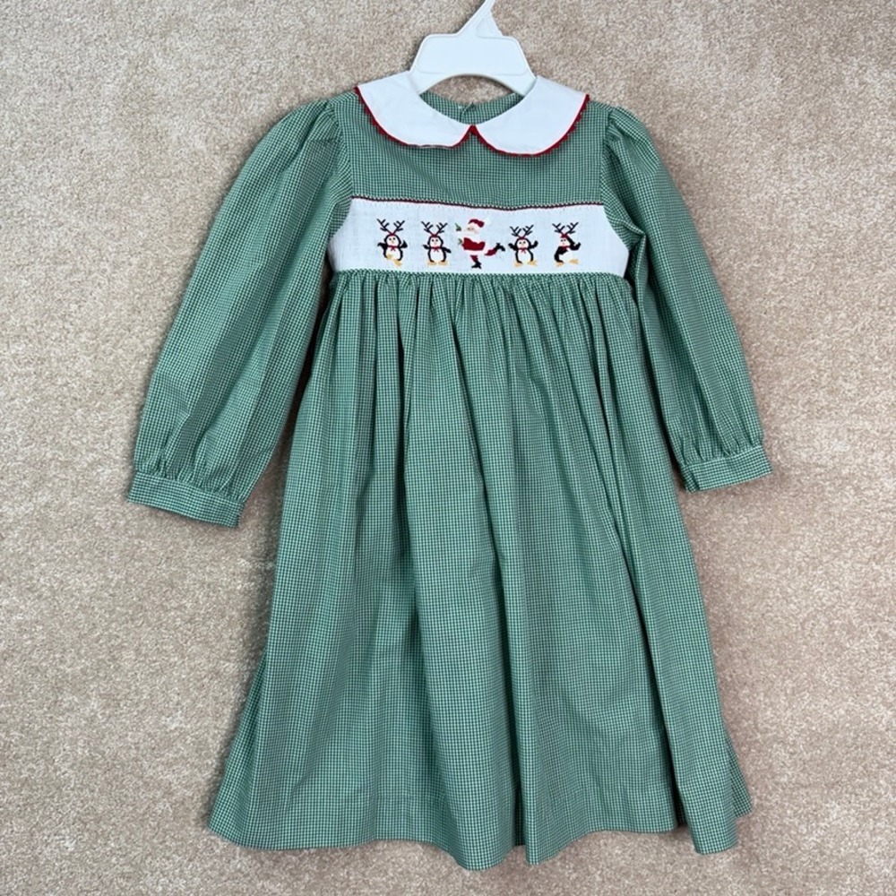 VINTAGE Chocolate Soup Christmas Dress Girls 5 5T Green Smocked Santa Holiday